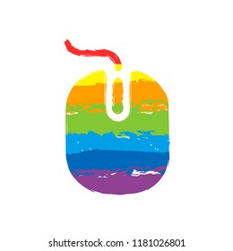 computer mouse icon. Drawing sign with LGBT style, seven colors of rainbow (red, orange, yellow, green, blue, indigo, violet