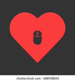 Computer Mouse icon flat. Simple pictogram on heart background. Vector illustration symbol