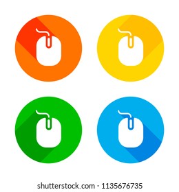 computer mouse icon. Flat white icon on colored circles background. Four different long shadows in each corners