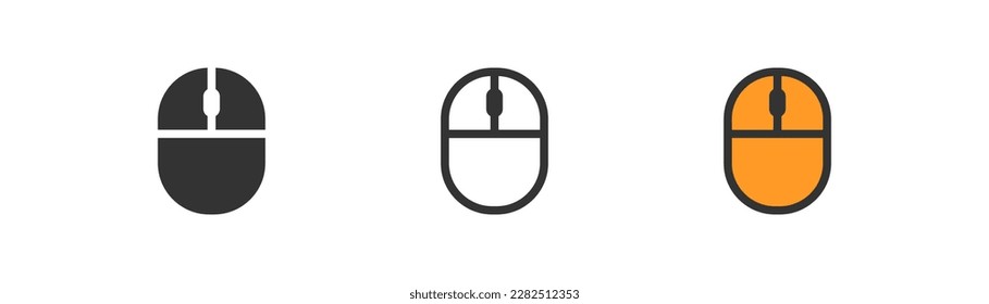 Computermaus-Symbol auf hellem Hintergrund. Vorzeichen. Zeiger, Taste, Wireless-Maus. Die Einrichtung ist modern und farbenfroh. Flaches Design. 