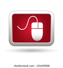 Computer mouse icon on the red with silver rectangular button. Vector illustration