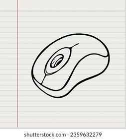 Computer mouse icon on white paper background. Doodle style
