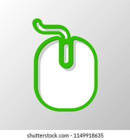 computer mouse icon. Paper style. Cut symbol with green bold contour on shape and simple shadow