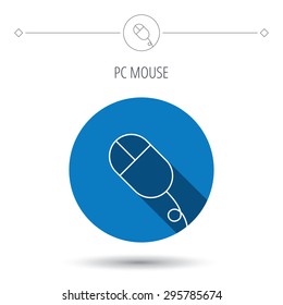 Computer mouse icon. PC control device sign. Blue flat circle button. Linear icon with shadow. Vector