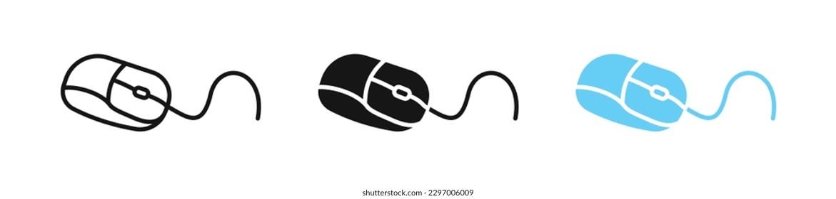 Icono del ratón del equipo. Desplazamiento Pc, haga clic en el símbolo. Señales de vista lateral. Botón, símbolos de cable. Iconos tecnológicos modernos. Color negro, azul. Signo aislado del vector.