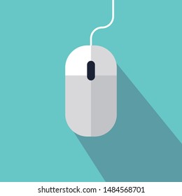 Computer mouse icon in the style of flat design. Isolated on blue background. Stock vector illustration.
