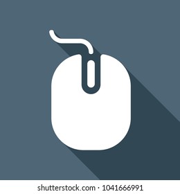 computer mouse icon. White flat icon with long shadow on background