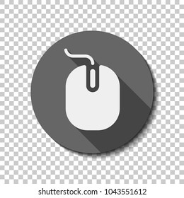 computer mouse icon. White flat icon with long shadow in circle on transparent background