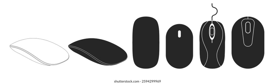 Computer mouse icons isolated on transparent. Flat style. Wired and wireless mouse, computer mouse logos and icons