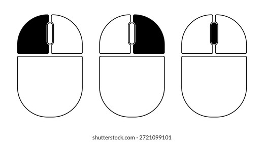 Iconos del ratón del ordenador. Símbolos de desplazamiento del Hacer clic izquierdo, derecho y Hacer clic del mouse. Un conjunto de iconos para varios Botones de ratón de PC. Ilustración vectorial EPS 10