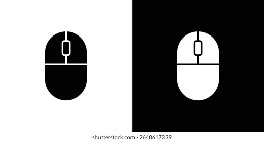 Computer mouse icons set against contrasting backgrounds, featuring simple, clean designs. Black mouse on white and white mouse on black. Great for tech visuals.