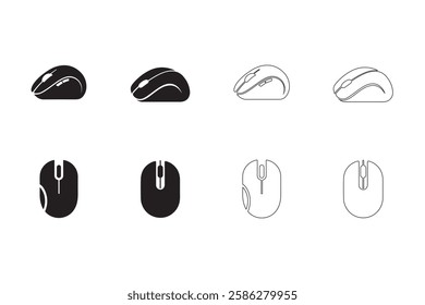 Computer Mouse icons set simple clean and smooth lines and fill vector icons in black on a white background.

