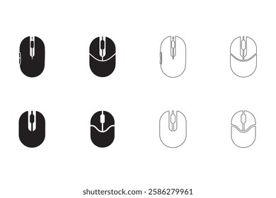 Computer Mouse icons set simple clean and smooth lines and fill vector icons in black on a white background.
