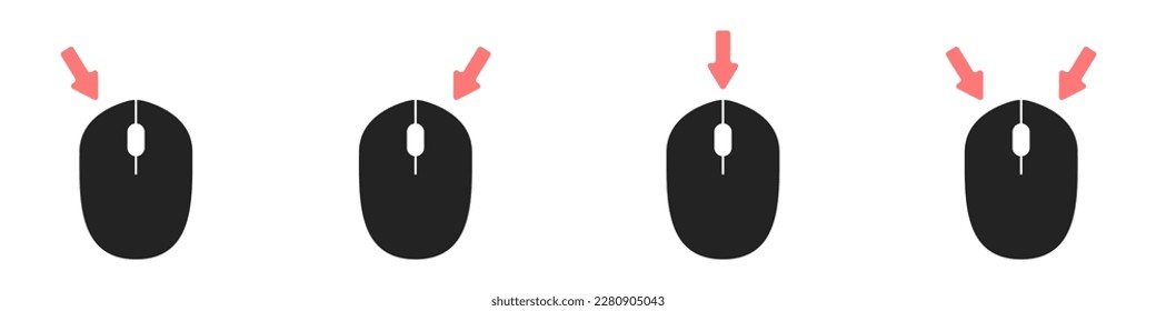 Vector de iconos del ratón del ordenador. Haga clic con el botón izquierdo y el botón derecho en el vector. Juego de iconos para presionar diferentes botones del ratón para el PC. Vector de icono de desplazamiento de la rueda del ratón. Icono del ratón para PC.