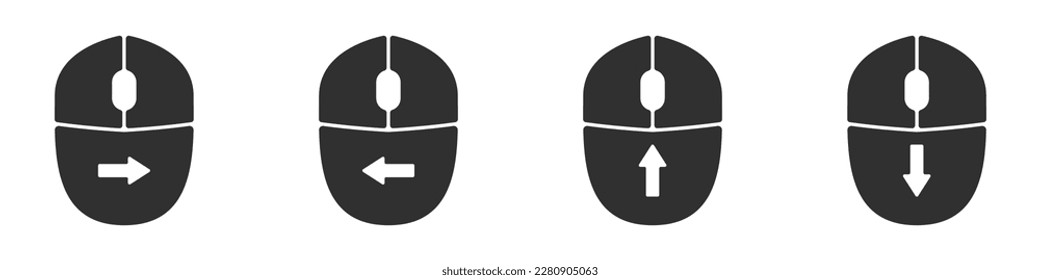 Vector de iconos del ratón del ordenador. Haga clic con el botón izquierdo y el botón derecho en el vector. Juego de iconos para presionar diferentes botones del ratón para el PC. Vector de icono de desplazamiento de la rueda del ratón. Icono del ratón para PC.