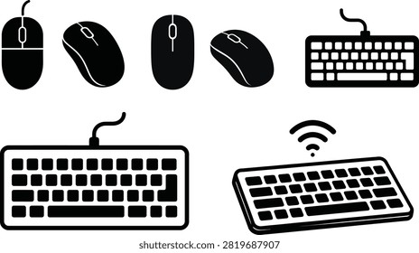 Computer Mouse and Keyboard Black Silhouette Icon Set for Desktop Computer Accessories