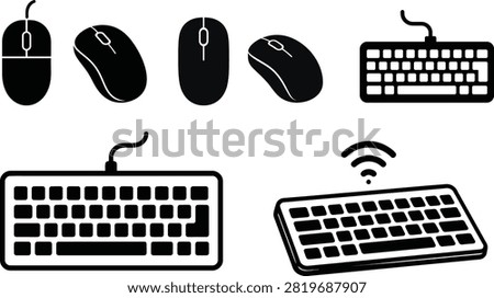 Computer Mouse and Keyboard Black Silhouette Icon Set for Desktop Computer Accessories