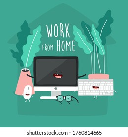 computer mouse keyboard glasses call to work from home. Vector illustration.