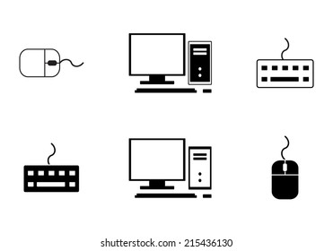 Computer, mouse and keyboard icons, set, graphic design elements, black isolated on white background, vector illustration.