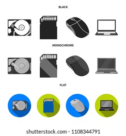 Computer mouse, laptop and other equipment. Personal computer set collection icons in black, flat, monochrome style vector symbol stock illustration web.