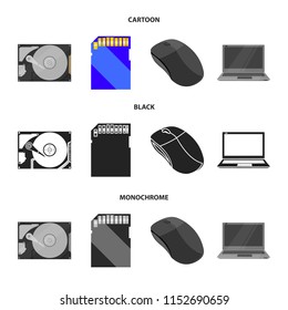 Computer mouse, laptop and other equipment. Personal computer set collection icons in cartoon,black,monochrome style vector symbol stock illustration web.