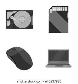 Computer mouse, laptop and other equipment. Personal computer set collection icons in monochrome style vector symbol stock illustration web.