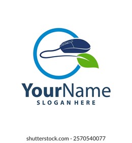 Computer Mouse with leaf logo design vector illustration. Mouse logo concept template
