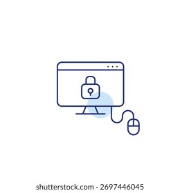 Computador, mouse e trava. Autenticação biométrica, segurança e proteção de dispositivos. Pixel perfeito, ícone de vetor de traçado editável