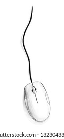 Computer Mouse Lying On The Table Top View, Sketch Vector Graphics Monochrome Illustration On White Background