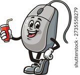 Computer mouse mascot cartoon holding a soft drink