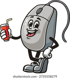 Computer mouse mascot cartoon holding a soft drink