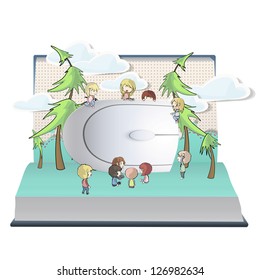 Computer mouse with multiple kids inside a book. Vector design.