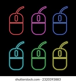 Signo de neón del ratón del ordenador. Icono de brillo de hardware de computadora. Ilustración vectorial para el diseño. Concepto de oficina. muchos colores.