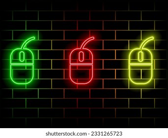 Signo de neón del ratón del ordenador. Icono de brillo de hardware de computadora. Ilustración vectorial para el diseño. Concepto de oficina. muchos colores.