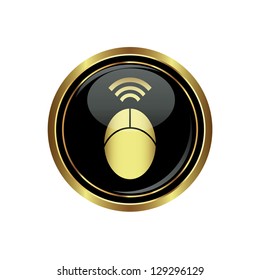 Computer mouse on the black with gold round button. Vector illustration