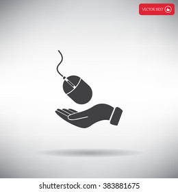 Computer mouse on hand icon, vector illustration. Flat design style