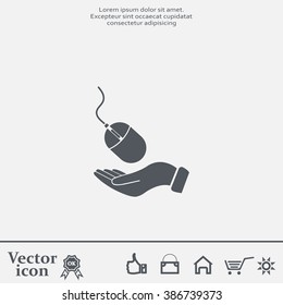 Computer mouse on hand icon, vector illustration. Flat design style