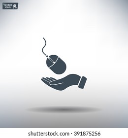 Computer mouse on hand icon, vector illustration. Flat design style