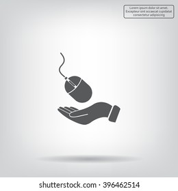 Computer mouse on hand icon, vector illustration. Flat design style