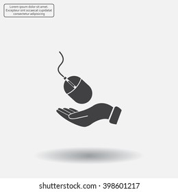 Computer mouse on hand icon, vector illustration. Flat design style