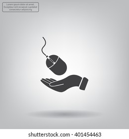 Computer mouse on hand icon, vector illustration. Flat design style