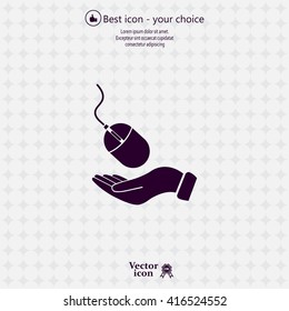 Computer mouse on hand icon, vector illustration. Flat design style