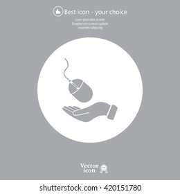 Computer mouse on hand icon, vector illustration. Flat design style