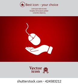 Computer mouse on hand icon, vector illustration. Flat design style