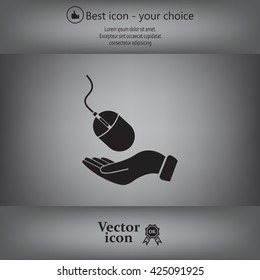 Computer mouse on hand icon, vector illustration. Flat design style