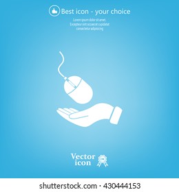 Computer mouse on hand icon, vector illustration. Flat design style