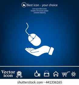 Computer mouse on hand icon, vector illustration. Flat design style