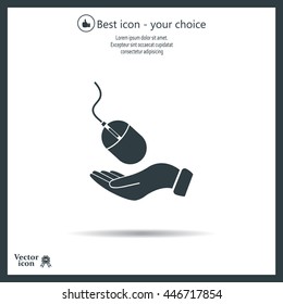 Computer mouse on hand icon, vector illustration. Flat design style