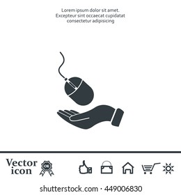 Computer mouse on hand icon, vector illustration. Flat design style