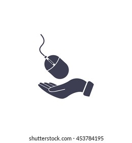 Computer mouse on hand icon, vector illustration. Flat design style